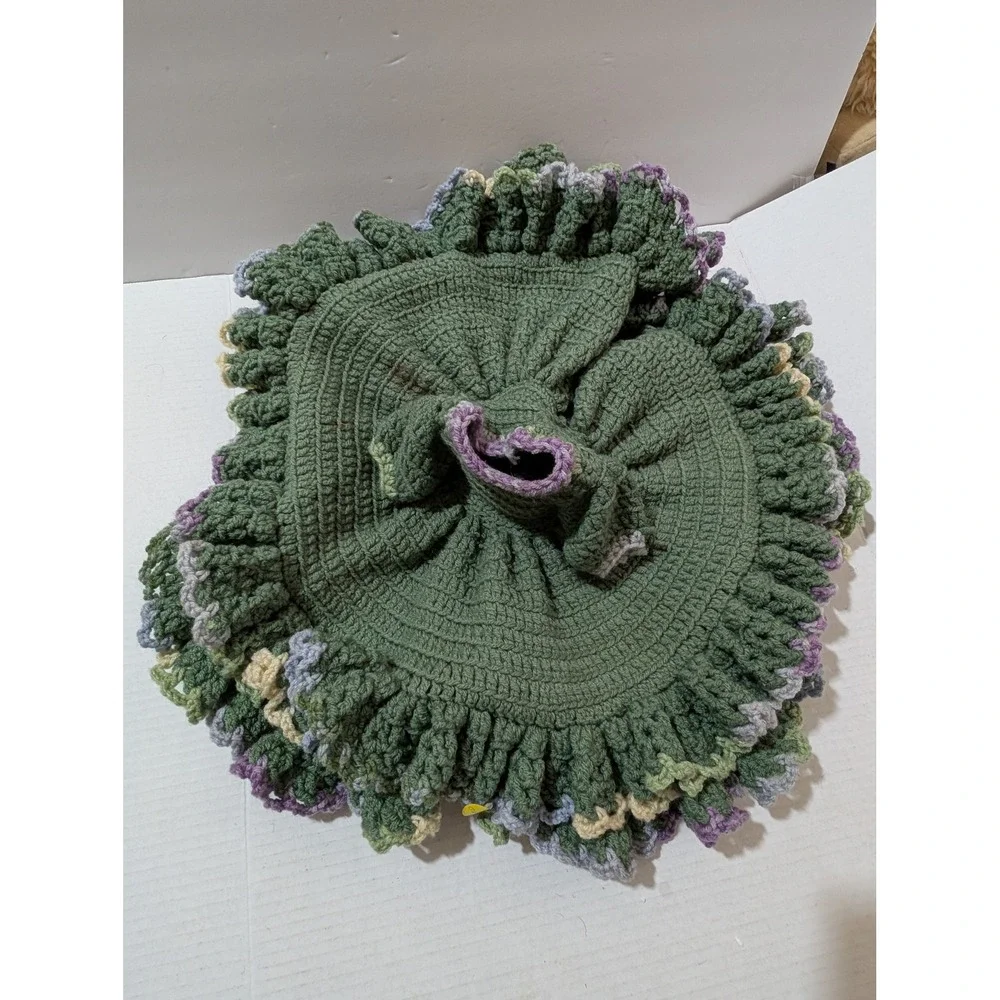 Vintage Handmade Crochet Doll Dress Green Ruffled Knit Skirt 21 Inch Diameter